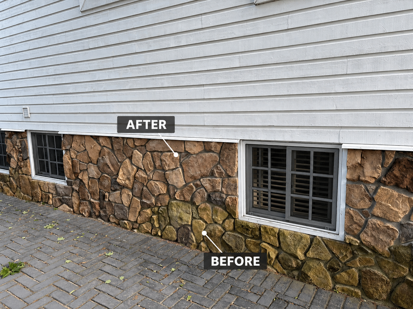 Stone foundation pressure washing — dirty green algae before vs clean bright stone after