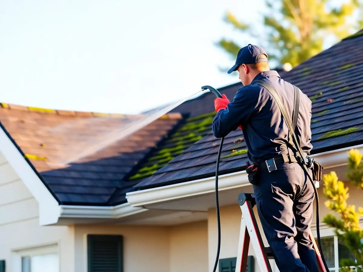 Low-pressure roof washing removing moss and black streaks from a home