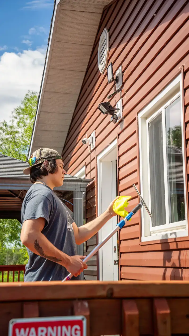 Technician cleaning exterior windows with a squeegee on a North Bay home